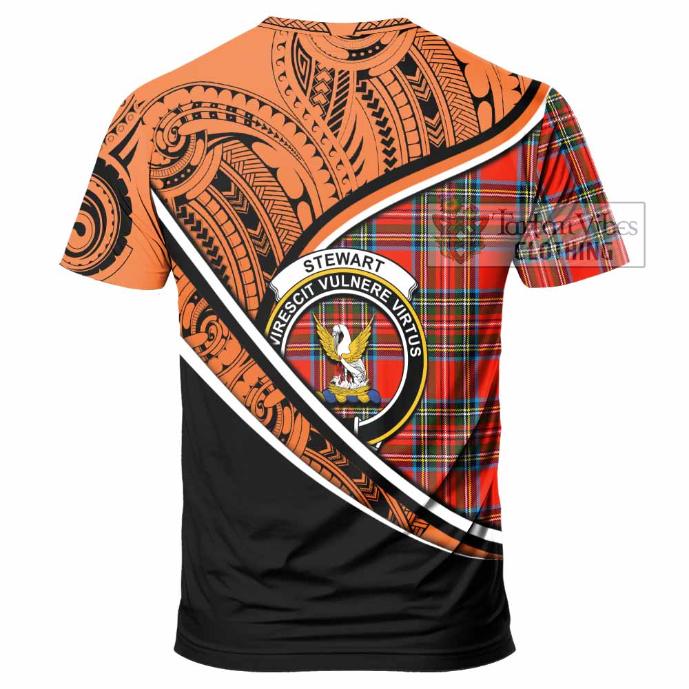 Tartan Vibes Clothing Stewart (Stuart) Crest Tartan T-Shirt with Maori Tattoo Style - Orange Version