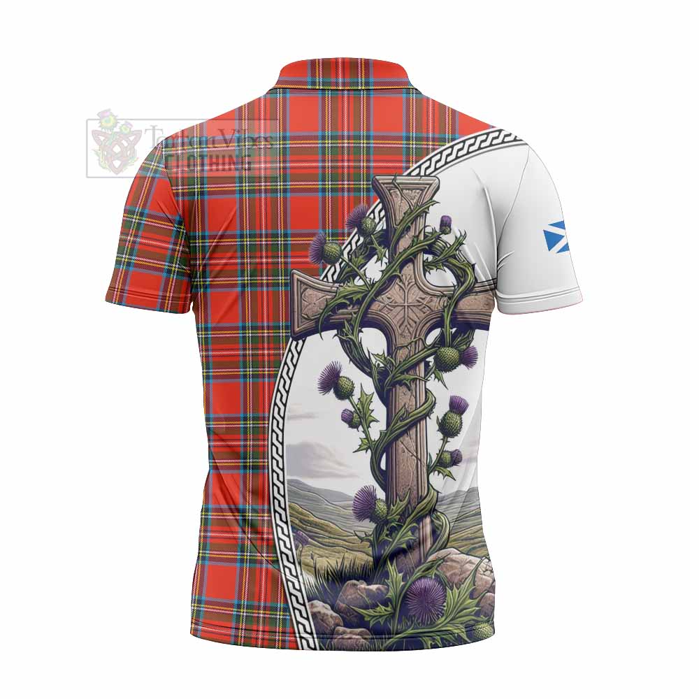 Tartan Vibes Clothing Stewart (Stuart) Tartan Zipper Polo Shirt with Family Crest and St. Andrew's Cross Accented by Thistle Vines