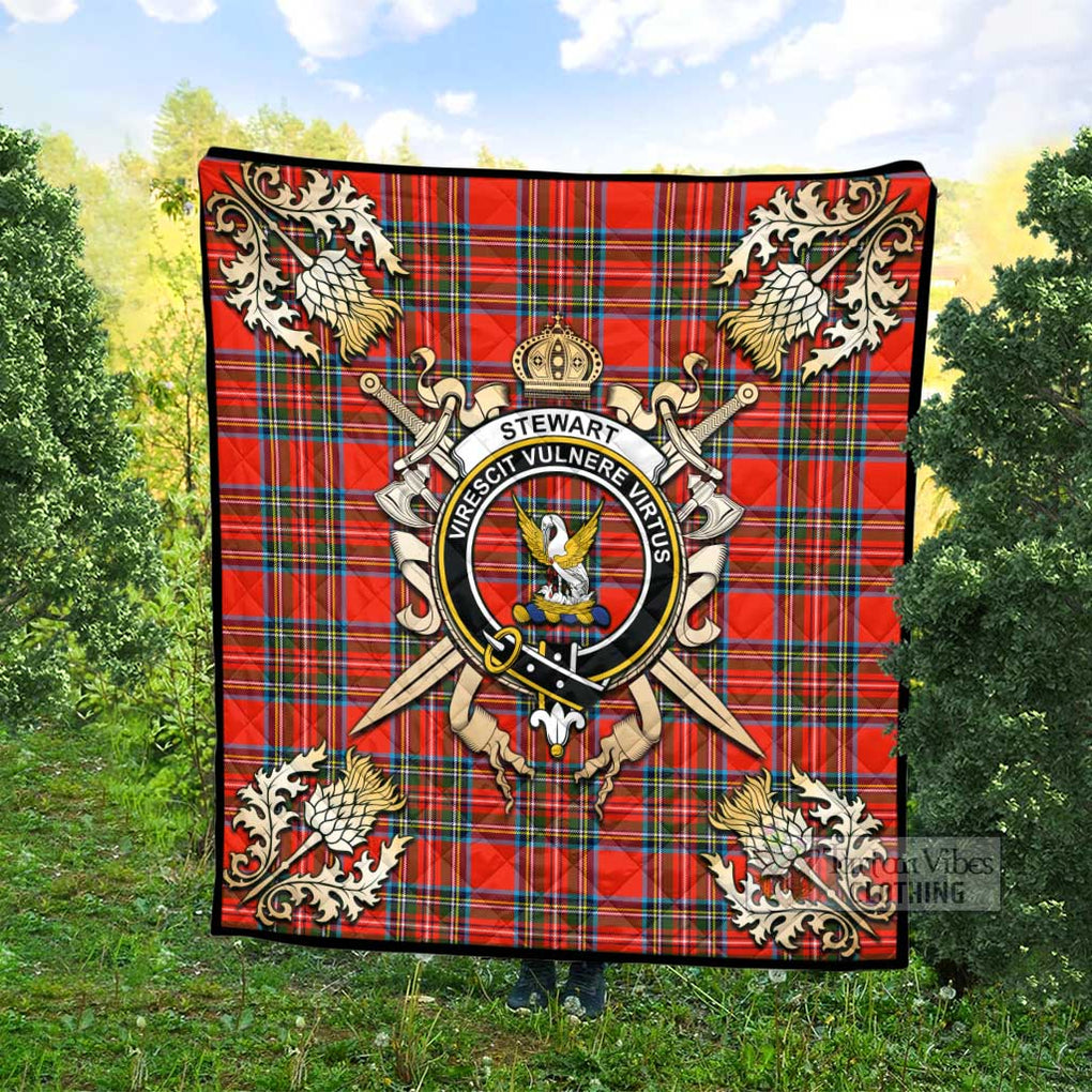 Tartan Vibes Clothing Stewart (Stuart) Tartan Quilt with Family Crest and Scottish Golden Courage Shield