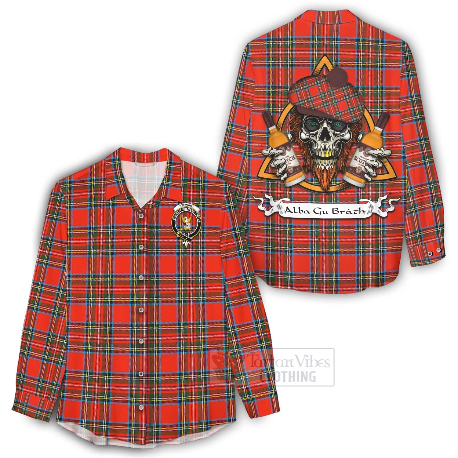 Tartan Vibes Clothing Stewart (Stuart) Tartan Women's Casual Shirt with Family Crest and Bearded Skull Holding Bottles of Whiskey