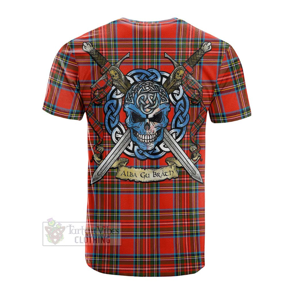 Tartan Vibes Clothing Stewart (Stuart) Tartan Cotton T-shirt with Family Crest Celtic Skull Style