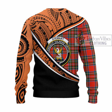 Stewart (Stuart) Crest Tartan Knitted Sweater with Polynesian Vibes Style - Orange Version