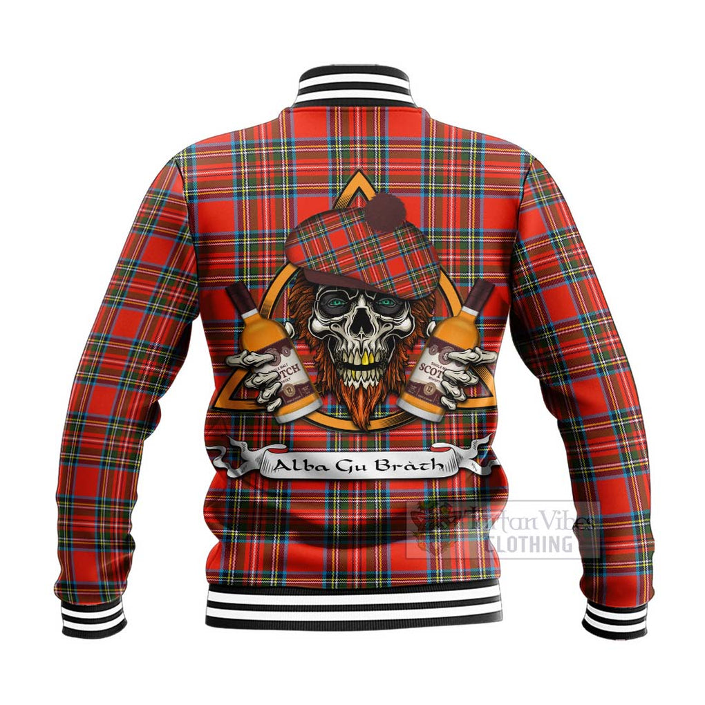 Tartan Vibes Clothing Stewart (Stuart) Tartan Baseball Jacket with Family Crest and Bearded Skull Holding Bottles of Whiskey