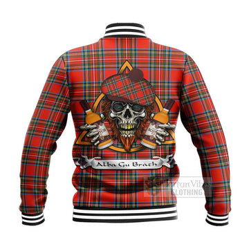 Stewart (Stuart) Tartan Baseball Jacket with Family Crest and Bearded Skull Holding Bottles of Whiskey