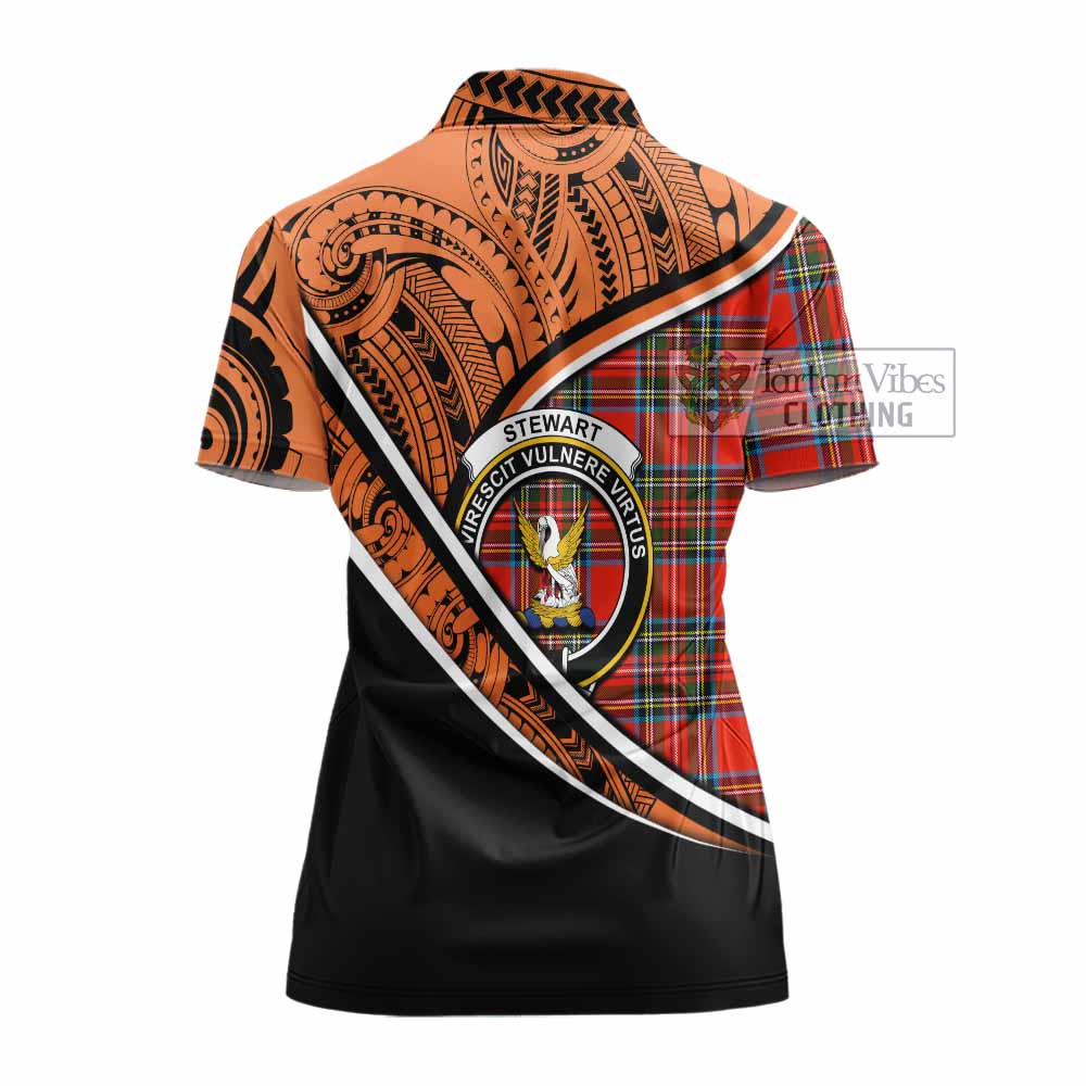 Tartan Vibes Clothing Stewart (Stuart) Crest Tartan Women's Polo Shirt with Maori Tattoo Style - Orange Version