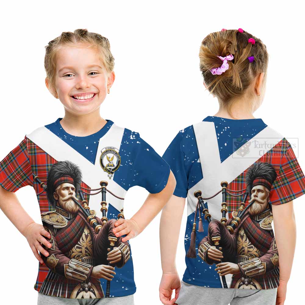 Tartan Vibes Clothing Stewart (Stuart) Tartan Kid T-Shirt with Family Crest Scottish Bagpiper Vibes