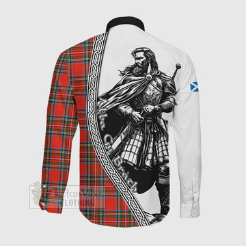 Stewart (Stuart) Tartan Clan Crest Long Sleeve Button Shirt with Highlander Warrior Celtic Style Men's Shirt - Tartan Vibes Clothing