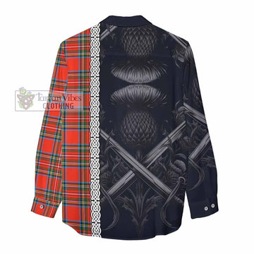 Stewart (Stuart) Tartan Women's Casual Shirt with Family Crest Cross Sword Thistle Celtic Vibes - Tartan Vibes Clothing