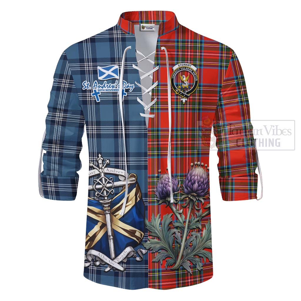 Tartan Vibes Clothing Stewart (Stuart) Tartan Ghillie Kilt Shirt Happy St. Andrew's Day Half Tartan Style