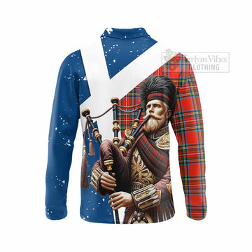Stewart (Stuart) Tartan Long Sleeve Polo Shirt with Family Crest Scottish Bagpiper Vibes - Tartan Vibes Clothing