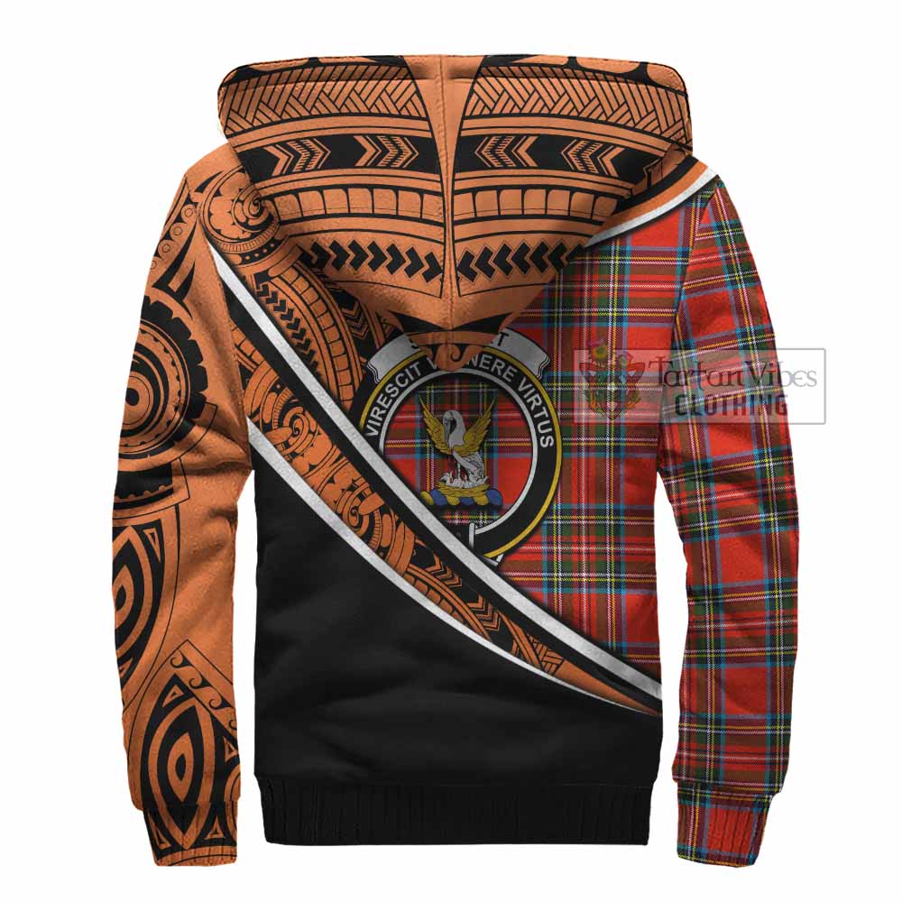 Tartan Vibes Clothing Stewart (Stuart) Crest Tartan Sherpa Hoodie with Maori Tattoo Style - Orange Version