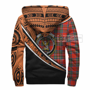 Stewart (Stuart) Crest Tartan Sherpa Hoodie with Polynesian Vibes Style - Orange Version