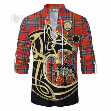 Stewart (Stuart) Tartan Ghillie Kilt Shirt with Family Crest Celtic Wolf Style