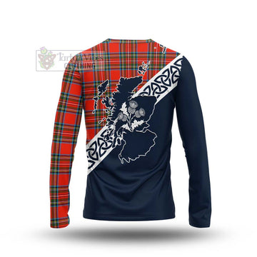 Stewart (Stuart) Tartan Long Sleeve T-Shirt Featuring Thistle and Scotland Map