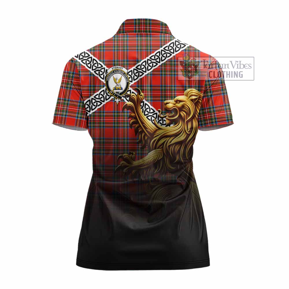 Stewart (Stuart) Crest Tartan Women's Polo Shirt with Golden Lion Emblem Celtic Style - Tartan Vibes Clothing