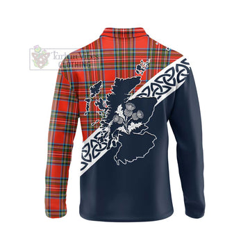 Stewart (Stuart) Tartan Long Sleeve Polo Shirt Featuring Thistle and Scotland Map - Tartan Vibes Clothing
