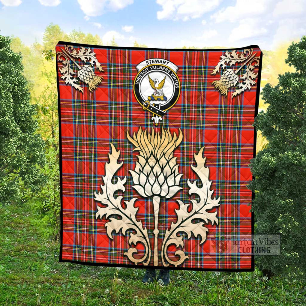 Tartan Vibes Clothing Stewart (Stuart) Tartan Quilt with Family Crest and Golden Thistle Style