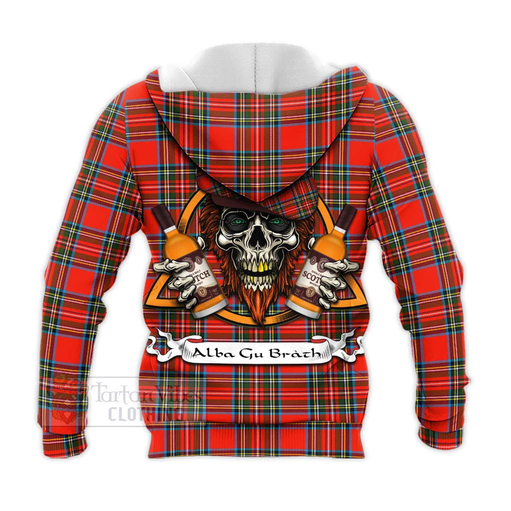 Tartan Vibes Clothing Stewart (Stuart) Tartan Knitted Hoodie with Family Crest and Bearded Skull Holding Bottles of Whiskey