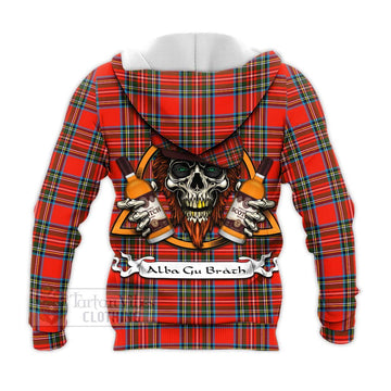 Stewart (Stuart) Tartan Knitted Hoodie with Family Crest and Bearded Skull Holding Bottles of Whiskey