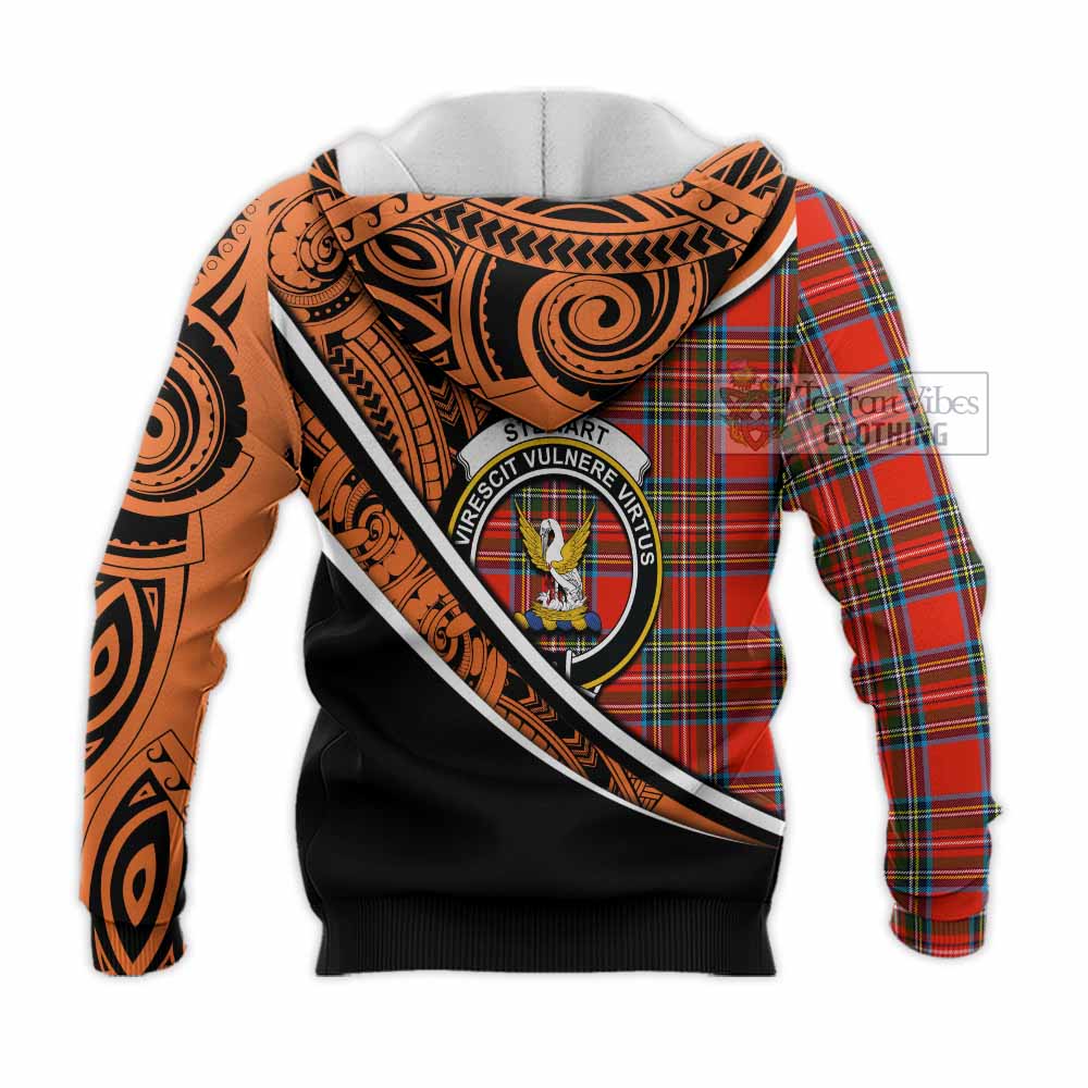 Tartan Vibes Clothing Stewart (Stuart) Crest Tartan Knitted Hoodie with Maori Tattoo Style - Orange Version