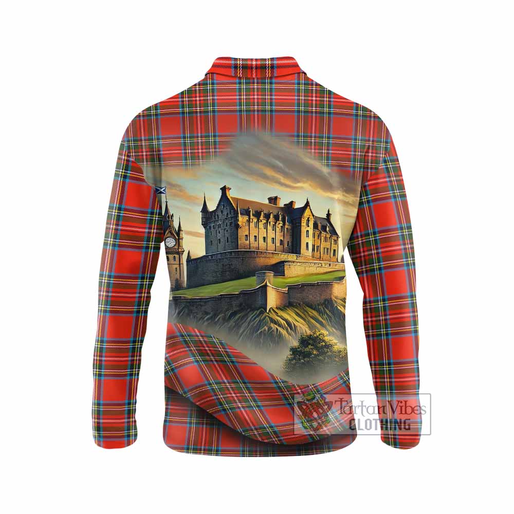 Stewart (Stuart) Tartan Family Crest Long Sleeve Polo Shirt with Scottish Ancient Castle Style - Tartan Vibes Clothing