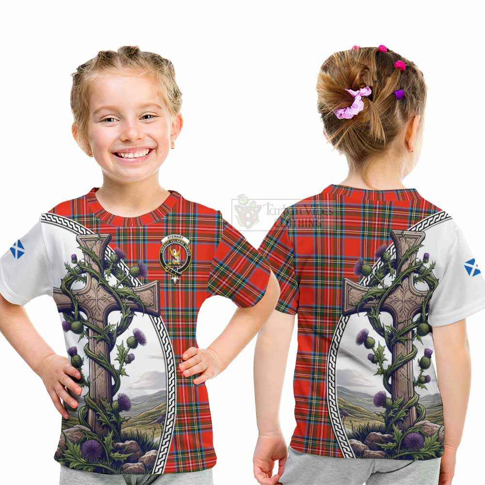 Tartan Vibes Clothing Stewart (Stuart) Tartan Kid T-Shirt with Family Crest and St. Andrew's Cross Accented by Thistle Vines