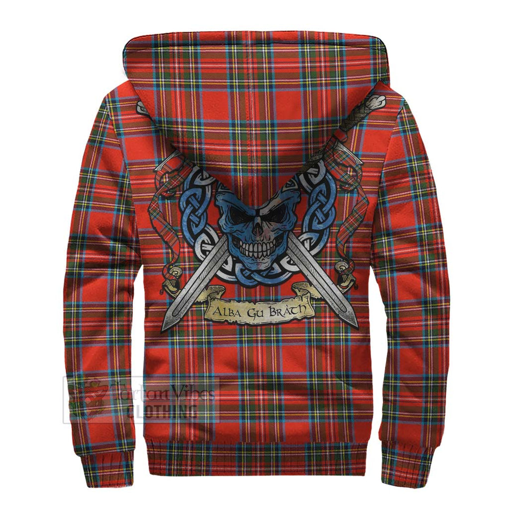 Tartan Vibes Clothing Stewart (Stuart) Tartan Sherpa Hoodie with Family Crest Celtic Skull Style