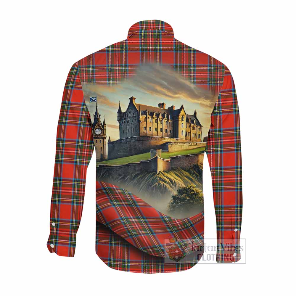 Stewart (Stuart) Tartan Family Crest Long Sleeve Button Shirt with Scottish Ancient Castle Style Men's Shirt - Tartan Vibes Clothing