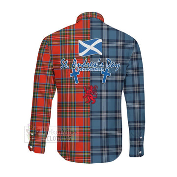 Stewart (Stuart) Tartan Long Sleeve Button Shirt Happy St. Andrew's Day Half Tartan Style Men's Shirt - Tartan Vibes Clothing
