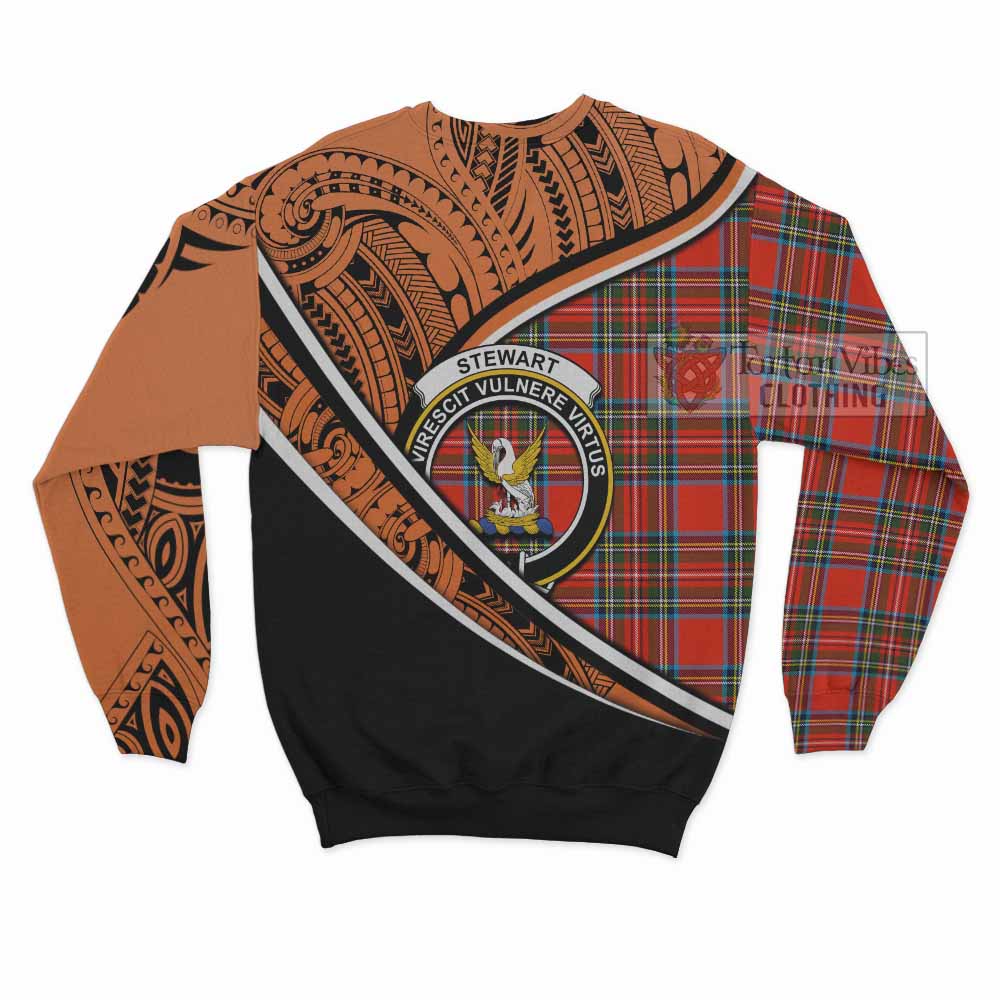 Tartan Vibes Clothing Stewart (Stuart) Crest Tartan Sweatshirt with Maori Tattoo Style - Orange Version