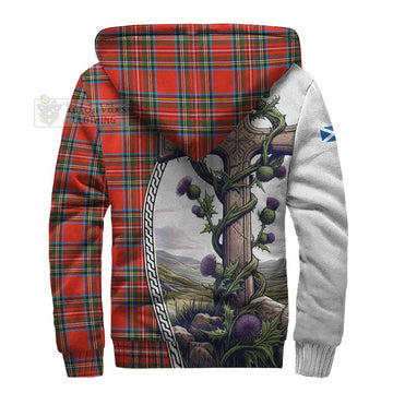 Stewart (Stuart) Tartan Sherpa Hoodie with Family Crest and St. Andrew's Cross Accented by Thistle Vines