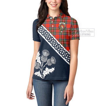 Stewart (Stuart) Tartan Women's Polo Shirt Featuring Thistle and Scotland Map