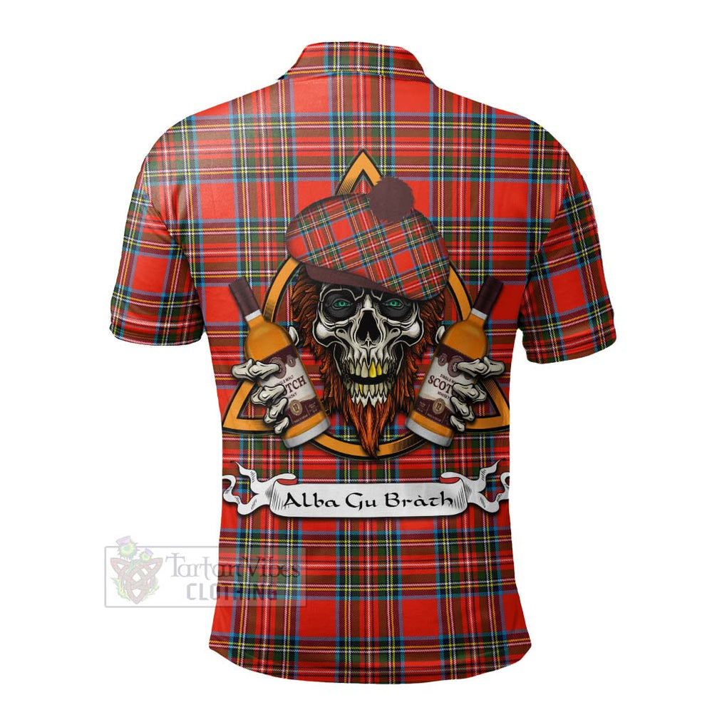 Tartan Vibes Clothing Stewart (Stuart) Tartan Polo Shirt with Family Crest and Bearded Skull Holding Bottles of Whiskey