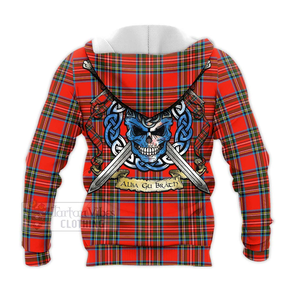 Tartan Vibes Clothing Stewart (Stuart) Tartan Knitted Hoodie with Family Crest Celtic Skull Style