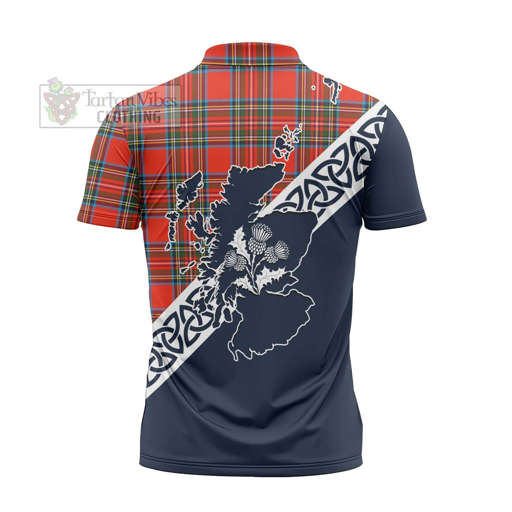 Tartan Vibes Clothing Stewart (Stuart) Tartan Zipper Polo Shirt Featuring Thistle and Scotland Map