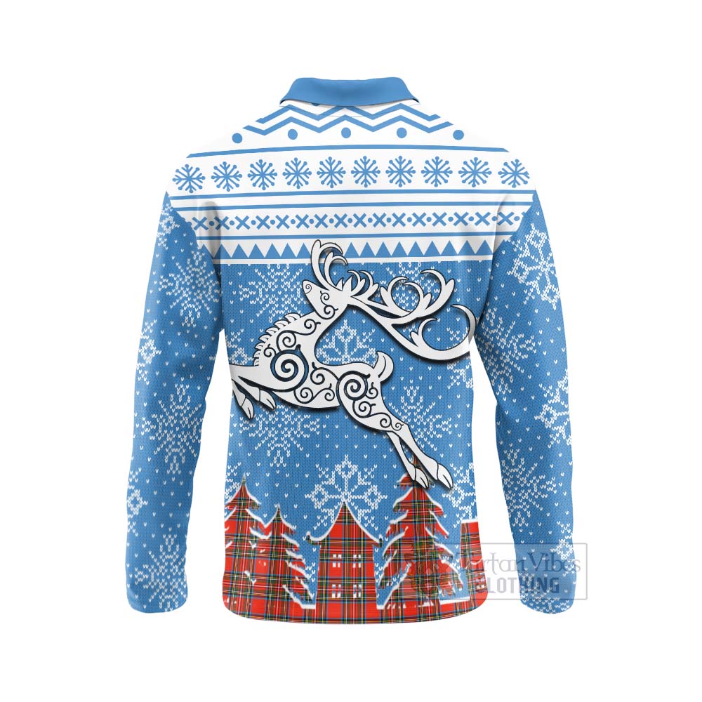 Tartan Vibes Clothing Stewart (Stuart) Clan Christmas Long Sleeve Polo Shirt Celtic Reindeer Style