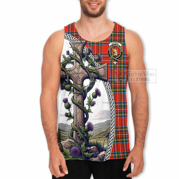 Stewart (Stuart) Tartan Men's Tank Top with Family Crest and St. Andrew's Cross Accented by Thistle Vines - Tartan Vibes Clothing