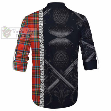 Stewart (Stuart) Tartan Ghillie Kilt Shirt with Family Crest Cross Sword Thistle Celtic Vibes - Tartan Vibes Clothing