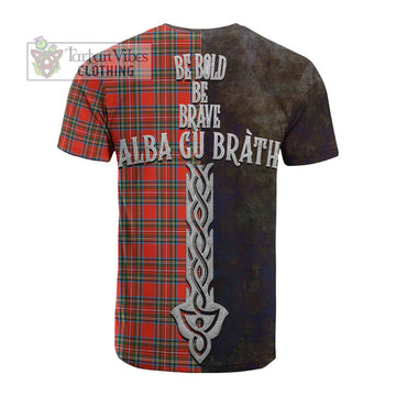 Stewart (Stuart) Tartan Family Crest Cotton T-shirt Alba Gu Brath Be Brave Lion Ancient Style - Tartan Vibes Clothing