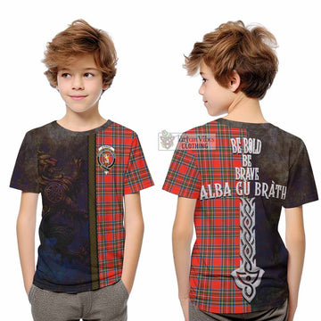 Stewart (Stuart) Tartan Family Crest Kid T-Shirt Alba Gu Brath Be Brave Lion Ancient Style - Tartan Vibes Clothing