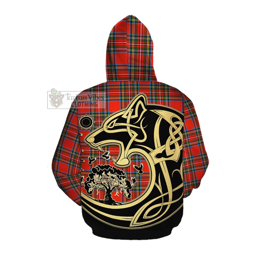 Tartan Vibes Clothing Stewart (Stuart) Tartan Cotton Hoodie with Family Crest Celtic Wolf Style