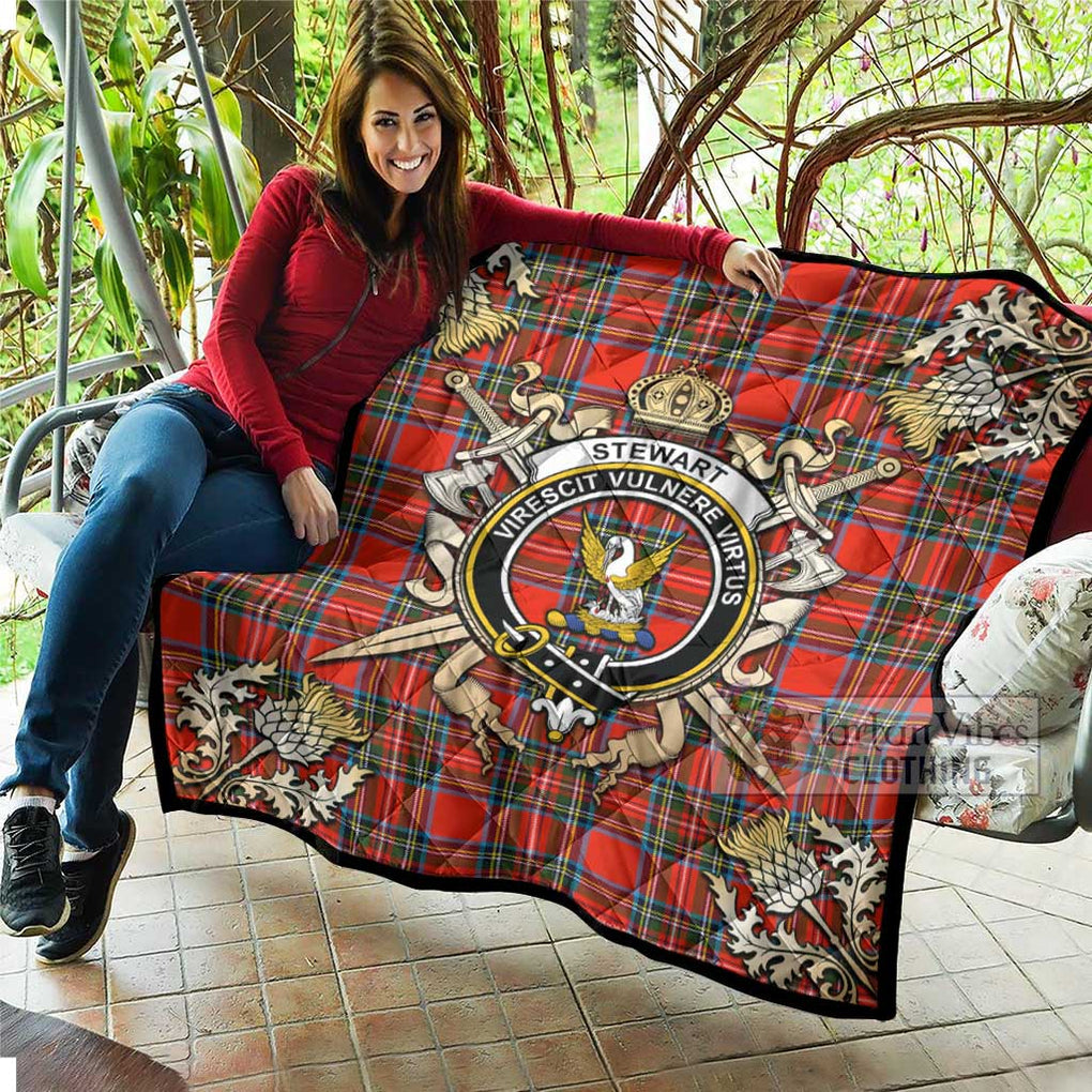 Tartan Vibes Clothing Stewart (Stuart) Tartan Quilt with Family Crest and Scottish Golden Courage Shield