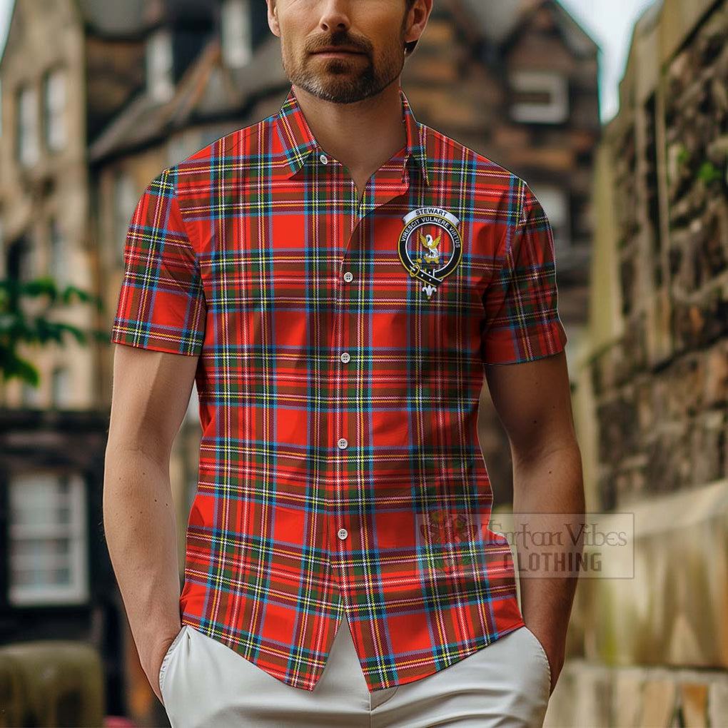 Tartan Vibes Clothing Stewart (Stuart) Tartan Short Sleeve Button Shirt with Family Crest Celtic Skull Style