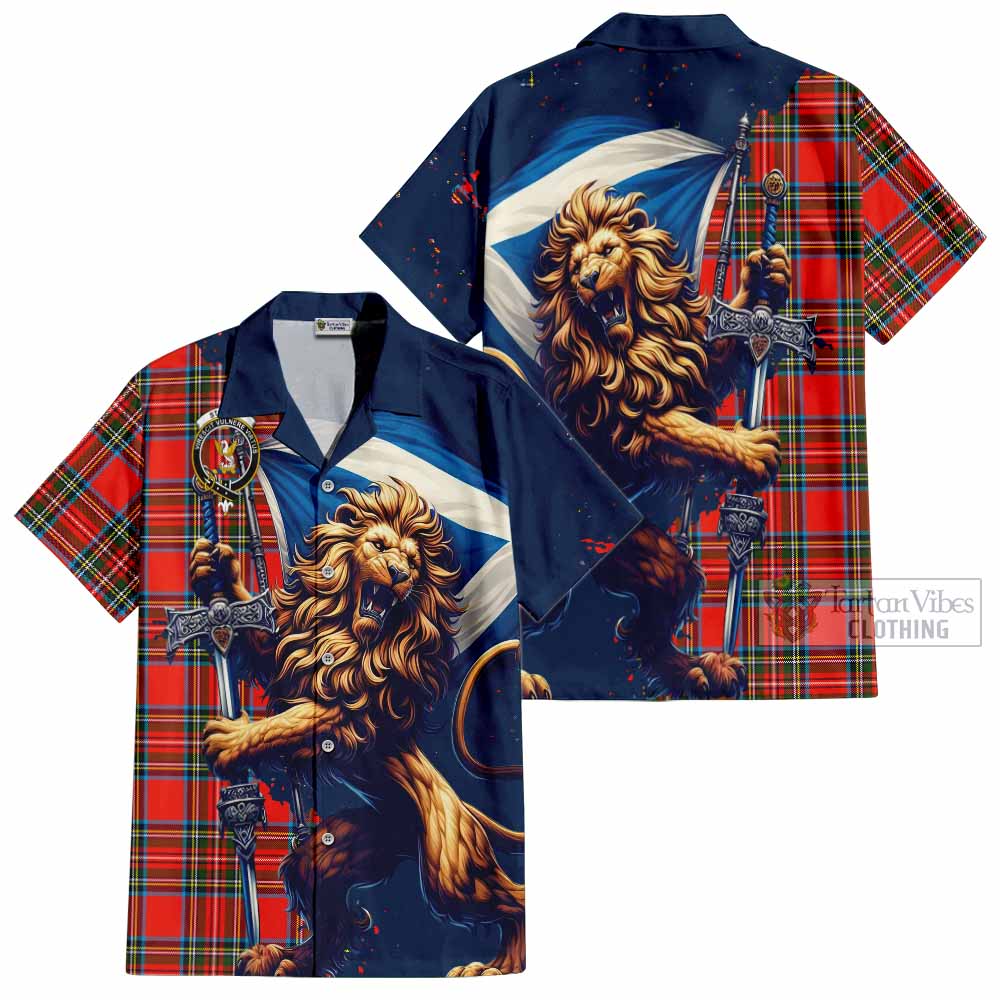 Tartan Vibes Clothing Stewart (Stuart) Tartan Family Crest Short Sleeve Button Shirt with Scottish Majestic Lion