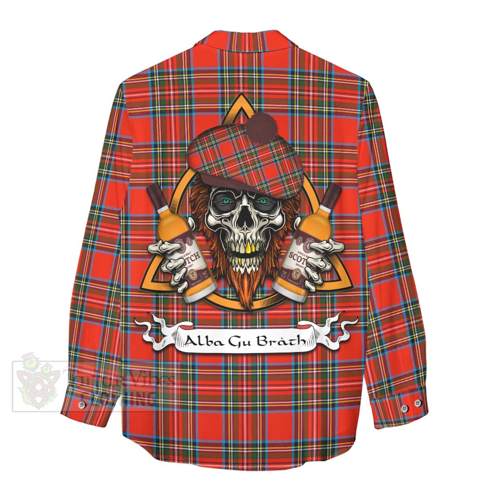 Tartan Vibes Clothing Stewart (Stuart) Tartan Women's Casual Shirt with Family Crest and Bearded Skull Holding Bottles of Whiskey