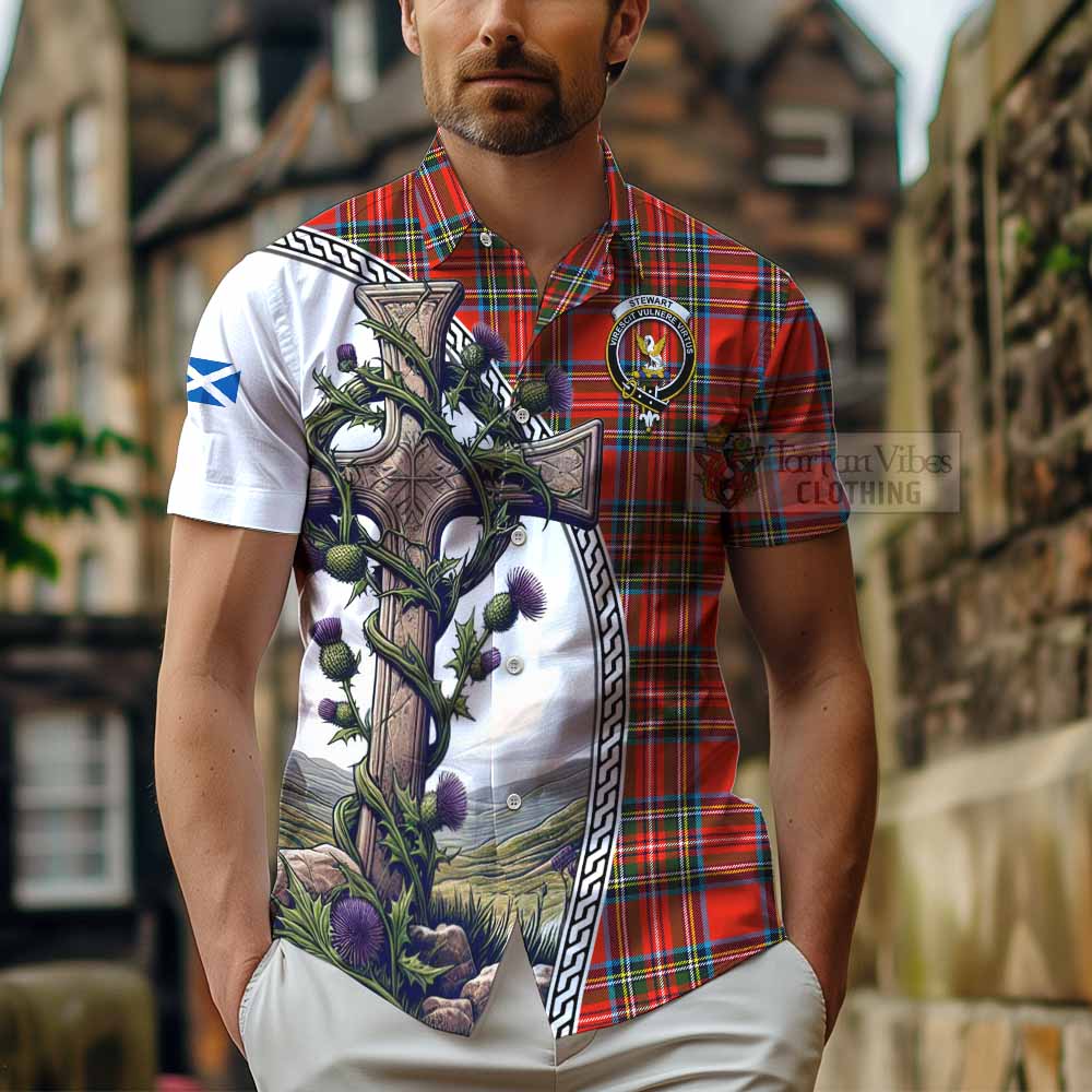 Tartan Vibes Clothing Stewart (Stuart) Tartan Short Sleeve Button Shirt with Family Crest and St. Andrew's Cross Accented by Thistle Vines