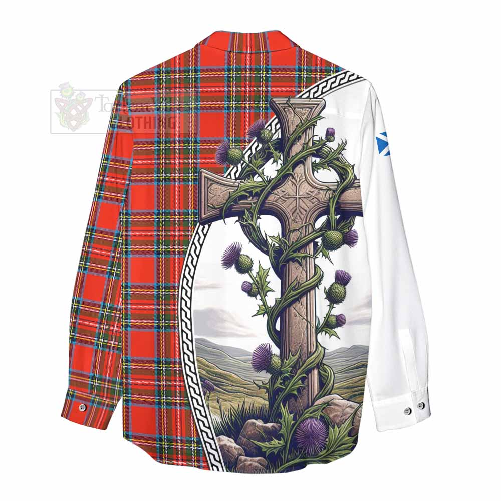 Tartan Vibes Clothing Stewart (Stuart) Tartan Women's Casual Shirt with Family Crest and St. Andrew's Cross Accented by Thistle Vines