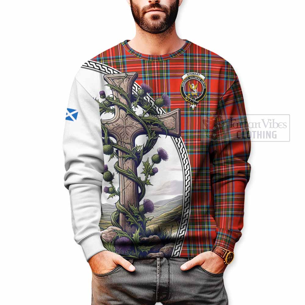 Tartan Vibes Clothing Stewart (Stuart) Tartan Sweatshirt with Family Crest and St. Andrew's Cross Accented by Thistle Vines