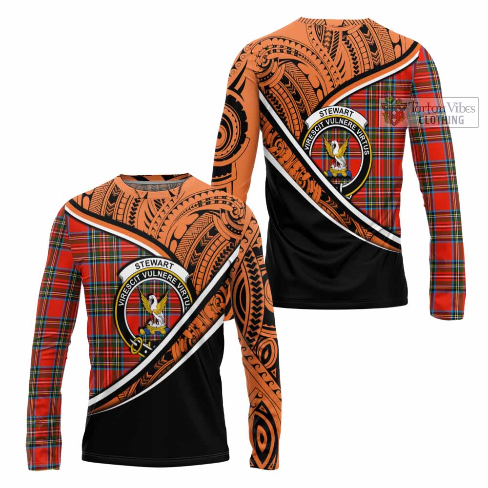 Tartan Vibes Clothing Stewart (Stuart) Crest Tartan Long Sleeve T-Shirt with Maori Tattoo Style - Orange Version