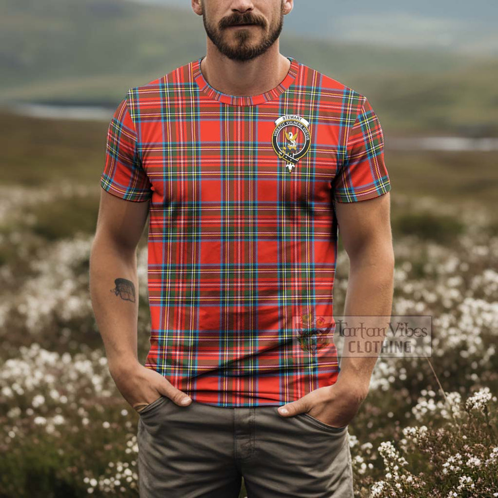 Tartan Vibes Clothing Stewart (Stuart) Tartan T-Shirt with Family Crest and Bearded Skull Holding Bottles of Whiskey